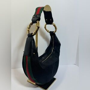 AUTHENTIC Gucci Black Crescent Bag w/Green & Red Stripe & Gold Bamboo Rings